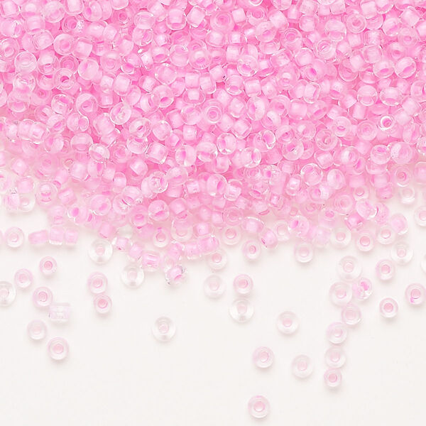 Seed bead, Ming Tree™, glass, pkg/1 pound, #11 round, transparent color-lined pink. image number 0