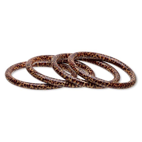 Bracelet, bangle, painted wood, brown / black / orange, 7mm wide with leopard print design, 8 inches. Sold per pkg of 4. image number 0