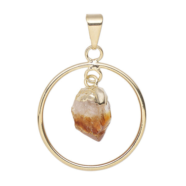 Pendant, Everyday Jewelry, gold-plated brass and citrine (heated), 30x25mm-32x27mm open round. Sold individually. image number 0