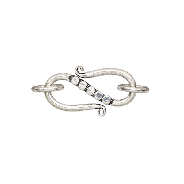 Clasp, S-hook, antiqued sterling silver, 23x11mm with dots design and 2 jump rings. Sold individually. image number 0