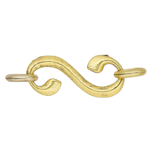 Clasp, S-hook, antique gold-finished "pewter" (zinc-based alloy), 34x15mm swirl with 2 rings. Sold per pkg of 10. image number 0