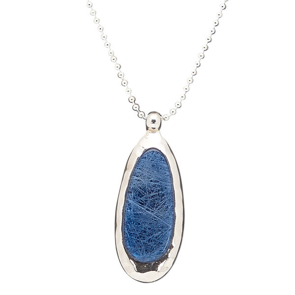 Necklace, resin and silver-finished brass, blue, 50x20mm oval, 22 inches with 2-inch extender chain and lobster claw clasp. Sold individually. image number 0
