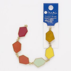 Bracelet component, enamel / gold-finished "pewter" (zinc-based alloy) / steel, multicolored, 22x16mm hexagon, 7 inches. Sold individually.