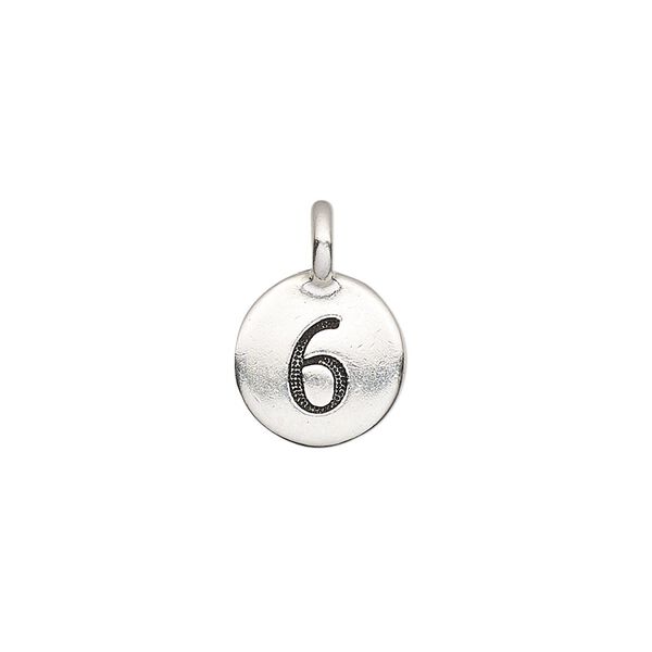 Drop, TierraCast®, antique silver-plated pewter (tin-based alloy), 11.5mm single-sided round with textured number "6." Sold per pkg of 2. image number 0