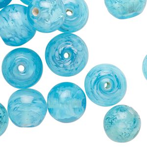 Bead, lampworked glass, translucent aqua blue, 12mm round. Sold per 2-ounce pkg, approximately 25 beads.