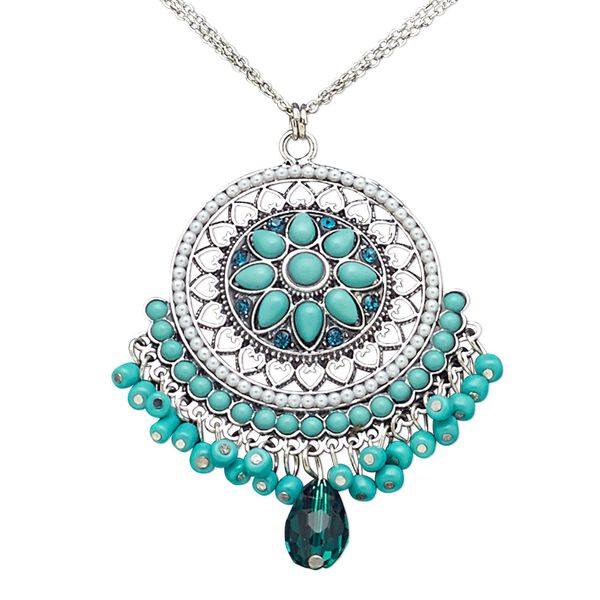 Necklace, 2-strand, acrylic / acrylic pearl / glass / glass rhinestone / antique silver-plated steel / brass / "pewter" (zinc-based alloy), turquoise blue and turquoise green, 65x57mm, 16 inches with 2-1/2 inch extender chain and lobster claw clasp. Sold individually. image number 0
