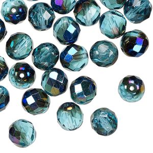 Czech fire-polished glass 1pkg50, faceted round bead half-coated teal blue iris 8mm