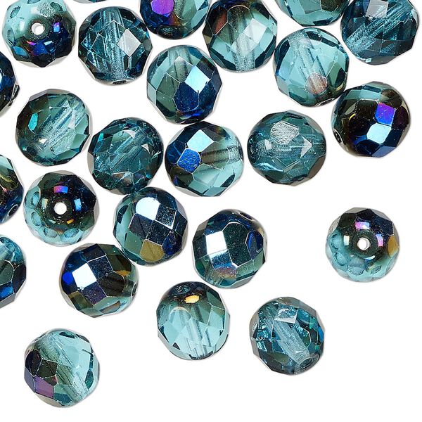 Czech fire-polished glass 1pkg50, faceted round bead half-coated teal blue iris 8mm image number 0
