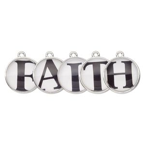 Drop, silver-finished "pewter" (zinc-based alloy) and plastic, black and white, 20mm single-sided domed flat round with "FAITH." Sold per 5-piece set.