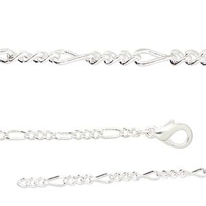 Chain 1pkg2 silver-plated figaro, 2.7mm / lobster claw clasp, brass 18 inch