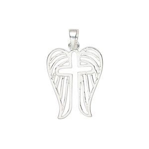 Pendant, sterling silver, 21x17mm single-sided wings with cutout cross. Sold individually.