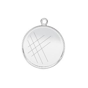 Drop, silver-plated brass, 21mm round with beaded edge and 20mm round bezel cup setting. Sold per pkg of 2.