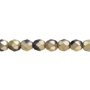 Bead, Czech fire-polished glass, opaque matte black half-coated gold-amber, 6mm faceted round. Sold per 15-1/2" to 16" strand.