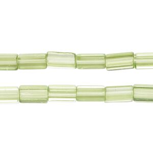 Bead, glass, transparent light green, 9x4mm square tube. Sold per pkg of (2) 13-inch strands, approximately 80 beads.