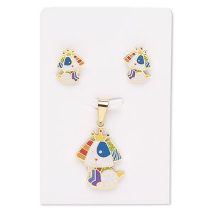 Pendant and earring, enamel and gold-finished stainless steel, multicolored, 28x23mm dog, 17x15mm dog with post. Sold per set.