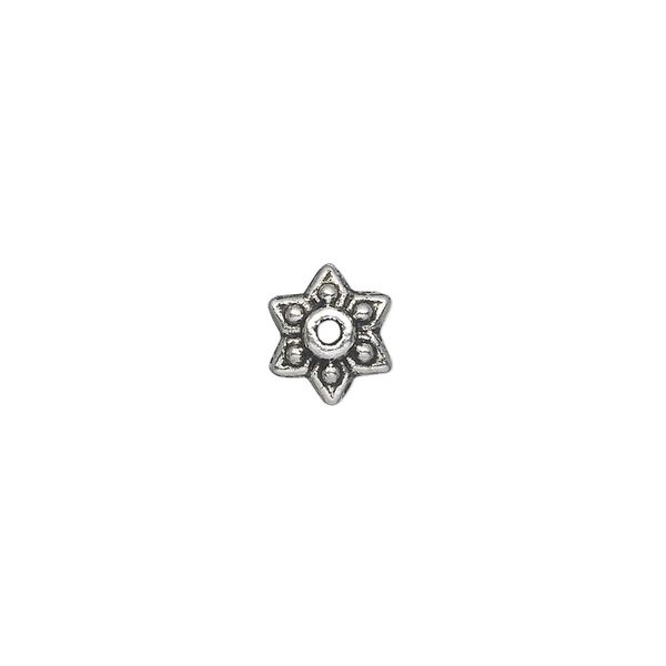 Bead cap, antique silver-plated "pewter" (zinc-based alloy), 9x3mm flower, fits 6-14mm bead. Sold per pkg of 50. image number 0