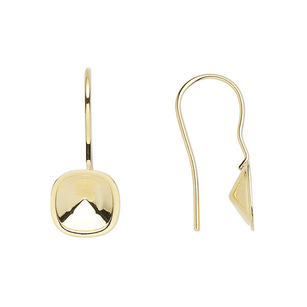 Ear wire, Almost Instant Jewelry®, gold-plated brass, 23mm fishhook with 8mm cushion setting, 20 gauge. Sold per pkg of 2 pairs. image number 0