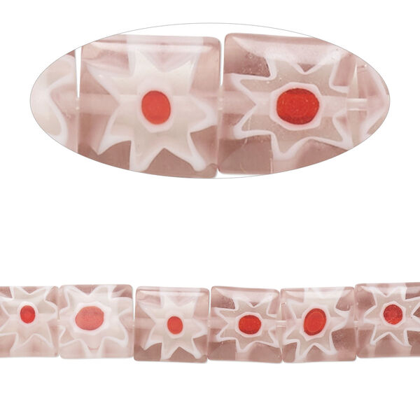 Bead, millefiori glass, translucent purple / red / white, 7mm-9x8mm puffed square with flower design. Sold per 14-inch strand. image number 0