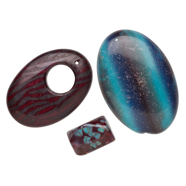 Focal and bead mix, magnesite (dyed / stabilized / coated), mixed colors, 18x13mm-60x55mm mixed shape, Mohs hardness 3-1/2 to 4. Sold per pkg of 3. image number 0