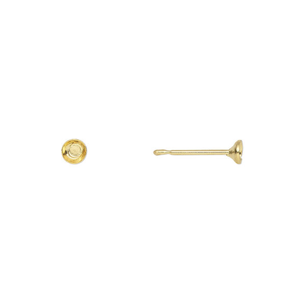Earstud, gold-plated stainless steel, 3mm cup, fits 3-5mm bead. Sold per pkg of 50 pairs. image number 0