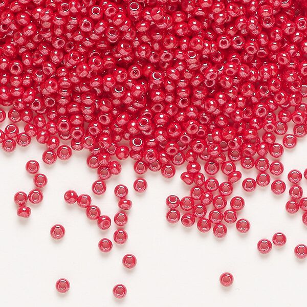 Seed bead, Preciosa Ornela, glass, opaque luster bright red coral, #11 rocaille. Sold per 500-gram pkg. image number 0