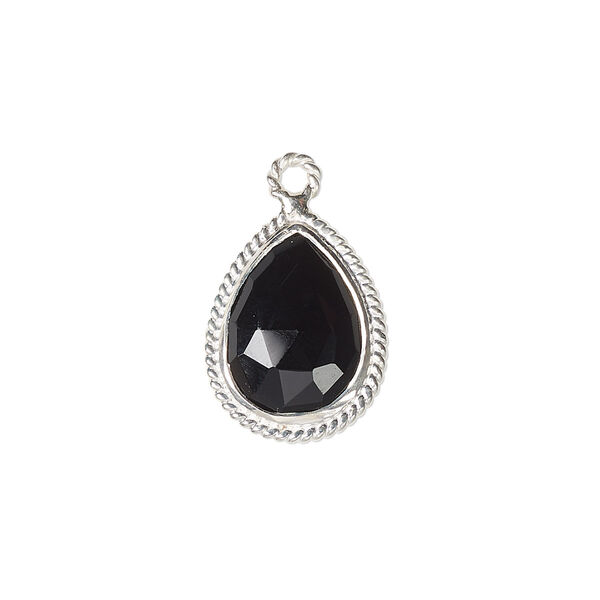 Drop, black onyx (dyed) and sterling silver, 18x14mm-20x15mm hand-cut double-sided faceted teardrop with twisted wire design. Sold individually. image number 0