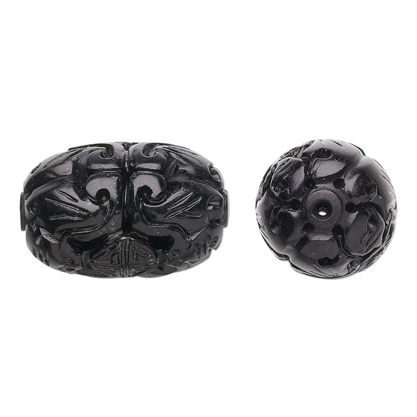Jet 1pkg1, hand-carved oval bead natural 30x20mm image number 0
