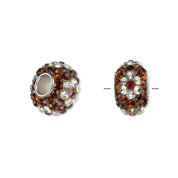 Bead, Dione®, Czech glass rhinestone / epoxy / imitation rhodium-plated brass grommet, root beer / clear / pink, 13x8mm-14x8mm rondelle with flower design, 4.5mm hole. Sold individually. image number 0