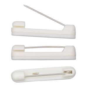 Badge pin, plastic with nickel-plated pin, adhesive back, 1-1/4 inches long. Sold per pkg of 100.