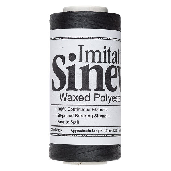 Cord, imitation sinew and waxed polyester, black, 2mm diameter, 50-pound test. Sold per 400-foot spool. image number 0