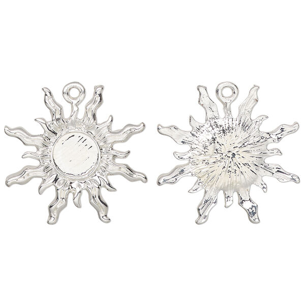 Drop, glue-in, silver-finished "pewter" (zinc-based alloy), 27mm single-sided sun with 8mm round setting. Sold per pkg of 4. image number 0