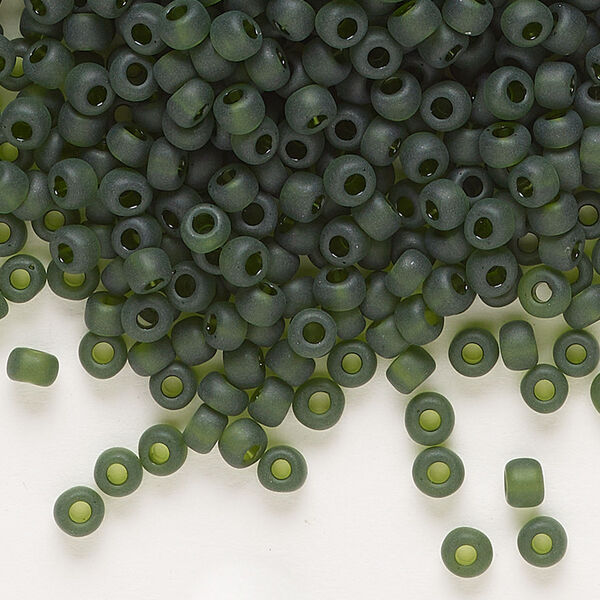 Seed bead, Dyna-Mites™, glass, transparent matte olive green, #6 round. Sold per 1/2 kilogram pkg. image number 0