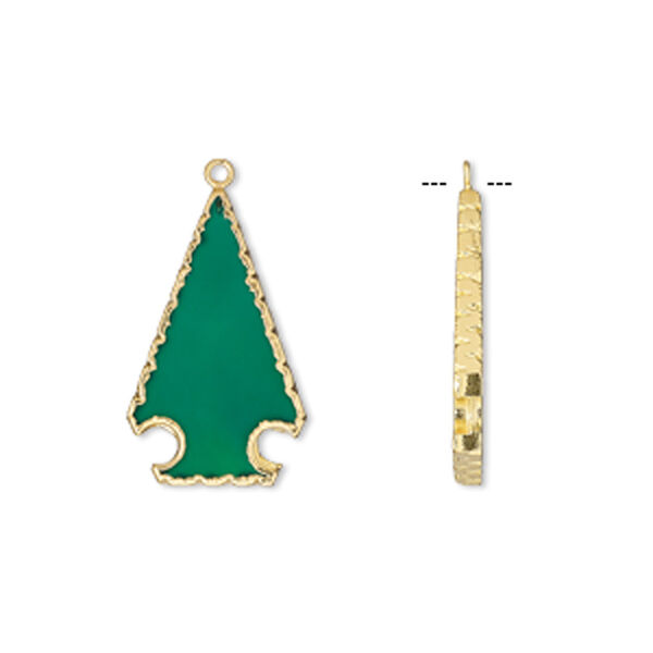 Focal, green onyx (dyed) / electroplated gold / gold-finished sterling silver, 35x21mm hand-cut Christmas tree. Sold individually. image number 0