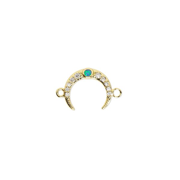 Link, cubic zirconia / glass rhinestone / gold-finished brass, clear and green, 12x10mm single-sided naja. Sold individually. image number 0