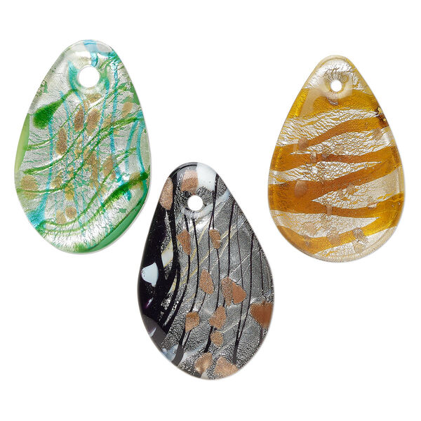 Random focal mix, lampworked glass, opaque mixed colors, 59x39mm-63x41mm domed teardrop with copper-colored glitter and silver-colored foil. Sold per pkg of 3. image number 0