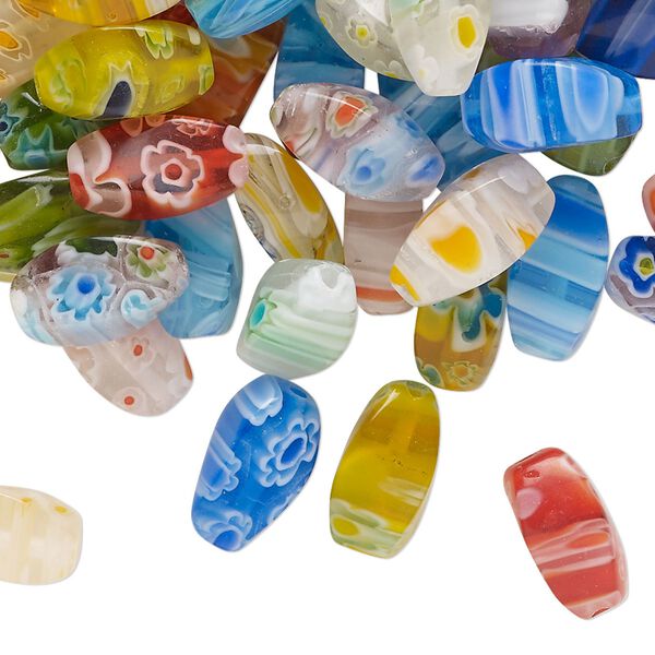 Bead mix, millefiori glass, translucent and transparent multicolored, 11x5mm-12x6mm 4-sided twisted oval. Sold per 2-ounce pkg, approximately 80 beads. image number 0