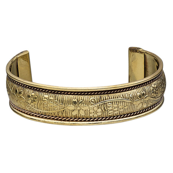 Bracelet, cuff, antiqued copper and brass, 18mm wide domed with flower design, 8 inches. Sold individually. image number 0