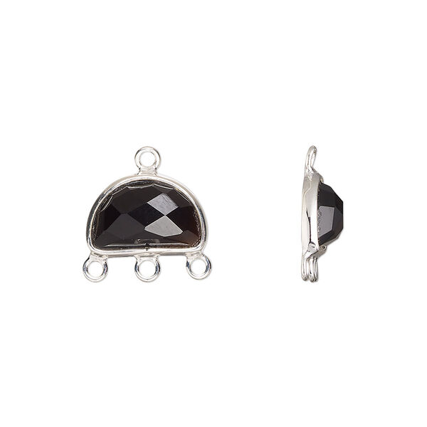 Drop, sterling silver and black onyx (dyed), 13x9mm hand-cut single-sided faceted half moon with 3 closed loops, Mohs hardness 6-1/2 to 7. Sold individually. image number 0