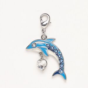 Charm, "pewter" (zinc-based alloy) / glass / enamel, pkg/1, 23x18mm dolphin with heart dangle and lobster claw clasp, silver finish and multicolored.