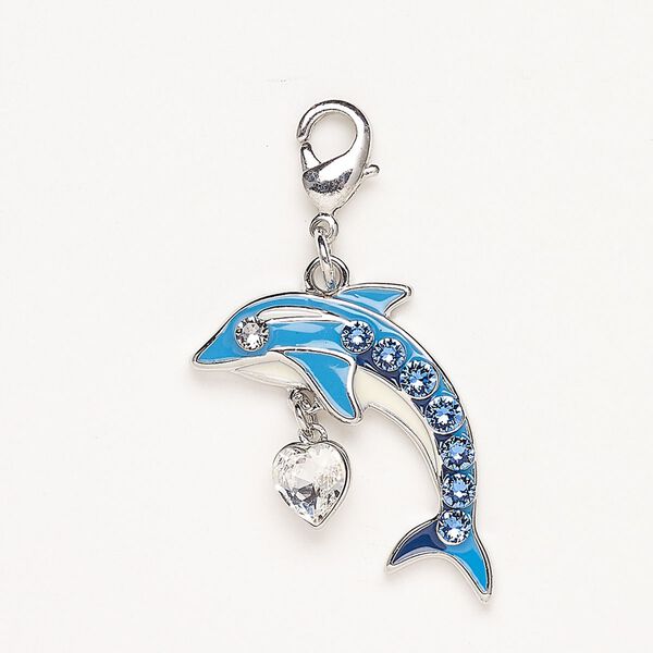 Charm, "pewter" (zinc-based alloy) / glass / enamel, pkg/1, 23x18mm dolphin with heart dangle and lobster claw clasp, silver finish and multicolored. image number 0