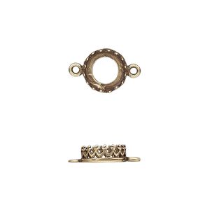Link, JBB Findings, antiqued brass, 9mm round with open back and decorative trim, 8mm round bezel setting. Sold per pkg of 2.
