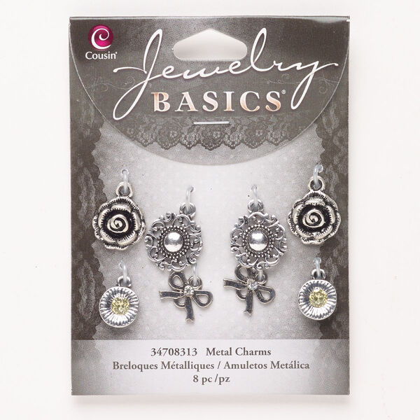 Charm assortment, "pewter" (zinc-based alloy) and glass, pkg/8, antique silver finish/yellow/clear, 11-15mm mixed shapes. image number 0