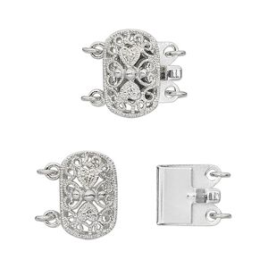 Clasp tab 1pkg4 silver-plated, 15x9mm filigree oval, brass antique 2-strand