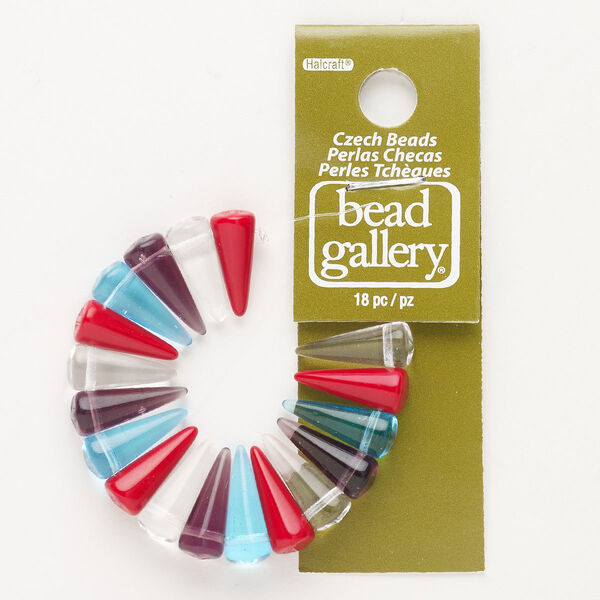 Bead mix, Czech pressed glass, glass, pkg/18, opaque to transparent mixed colors, 16x7mm top-drilled spike. image number 0