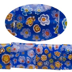 Bead, millefiori glass, translucent cobalt blue multicolored, 16mm puffed square. Sold per 15-inch strand.