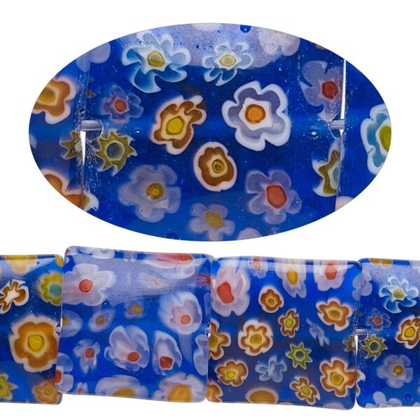 Bead, millefiori glass, translucent cobalt blue multicolored, 16mm puffed square. Sold per 15-inch strand. image number 0