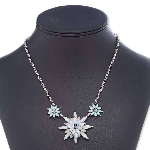 Necklace, acrylic / glass rhinestone / antique silver-plated steel / "pewter" (zinc-based alloy), multicolored, 40x40mm flower, 18 inches with 2-inch extender chain and lobster claw clasp. Sold individually. image number 0