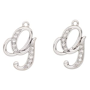 Charm, antique silver-finished "pewter" (zinc-based alloy) and glass, clear, 25x18mm letter "G". Sold per pkg of 2.