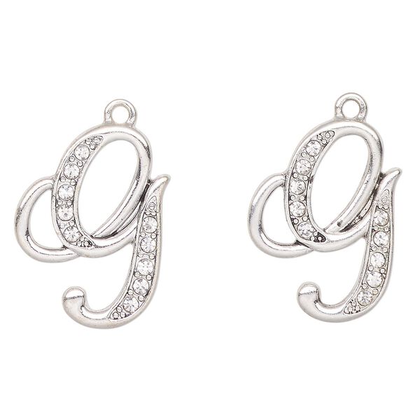 Charm, antique silver-finished "pewter" (zinc-based alloy) and glass, clear, 25x18mm letter "G". Sold per pkg of 2. image number 0