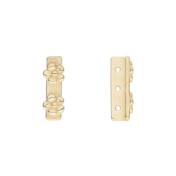 Spacer bar, JBB Findings, gold-plated pewter (tin-based alloy), 16x6mm 3-strand with single-sided flower design. Sold per pkg of 2. image number 0